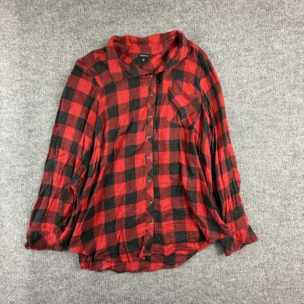 Torrid Shirt Womens 3X Red Black Plaid Flannel Button Front Long Sleeve Tunic